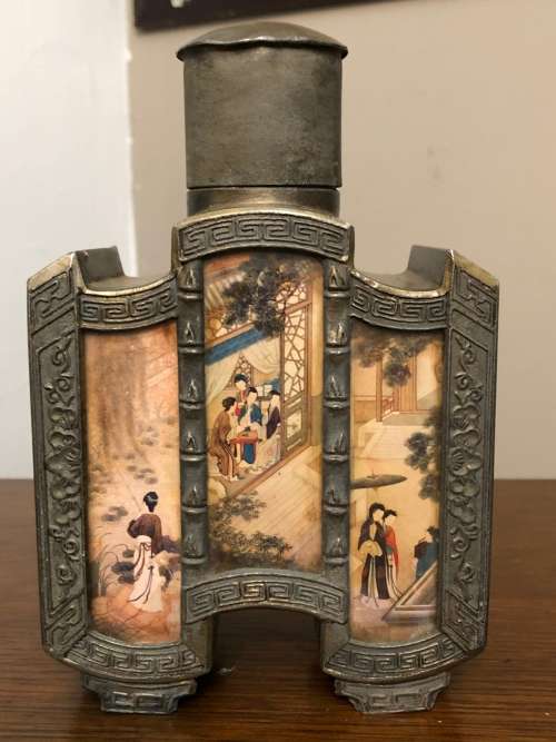 CHINESE PEWTER TEA CADDY WITH HAND PAINTED PANELS (SIGNED)