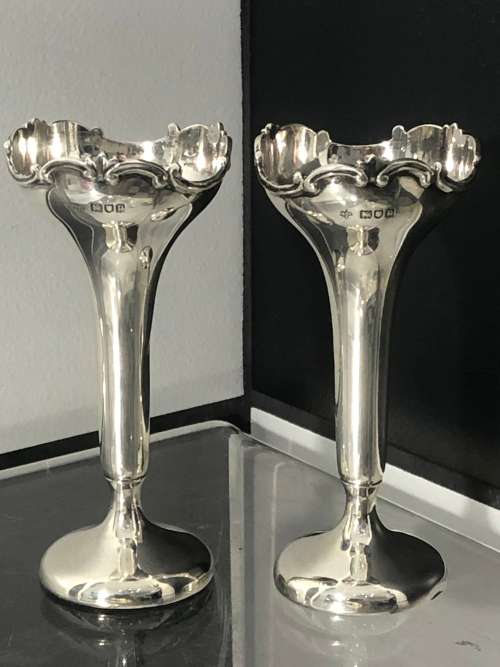PAIR OF HALLMARKED SILVER VASES LONDON 1910