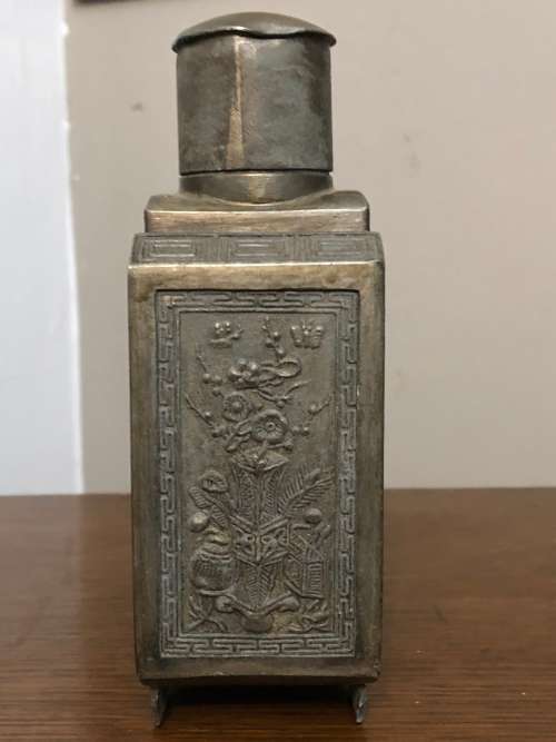 CHINESE PEWTER TEA CADDY WITH HAND PAINTED PANELS (SIGNED)