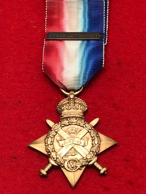 D1) 1914 MONS STAR WITH 5th AUGUST- 22 NOV BAR 9424 PTE B WELCH GORDONS HIGHLANDERS