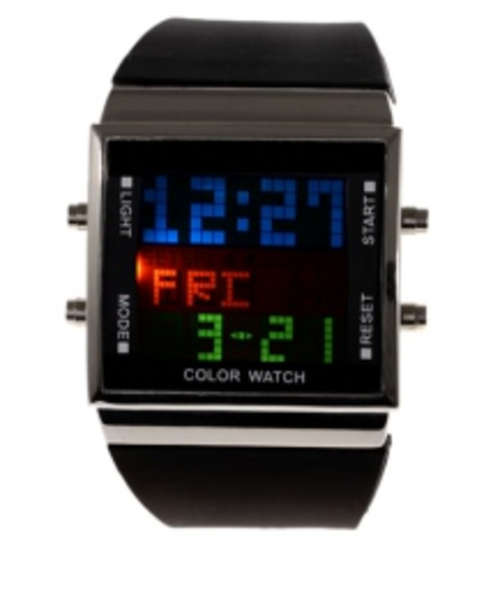 Black Unisex Rubber Multicolor LED Watch with Alarm and Day of Week.