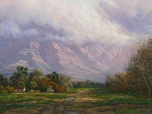 Casey Van Der Leek (SA 20th C) Oil, Mountain Landscape with Cottages, Signed, 60 x 90