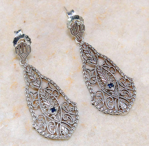 ELEGANT SAPPHIRE 925 STERLING SILVER VICTORIAN FILIGREE EARRINGS