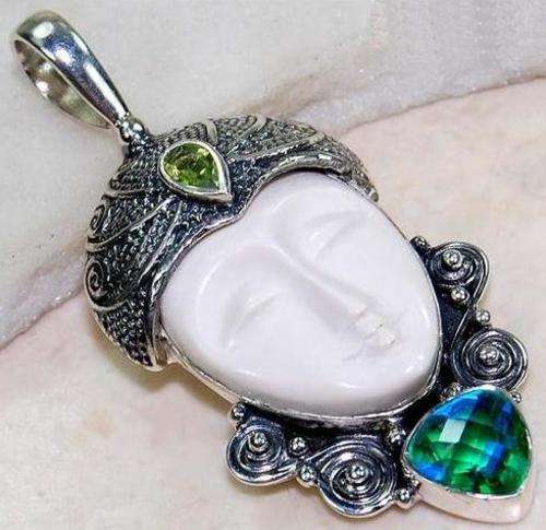 ***** PERIDOT, CARIBEAN QUARTZ, PRINCESS FACE CARVED OX BONE 925 STERLING SILVER PENDANT ****