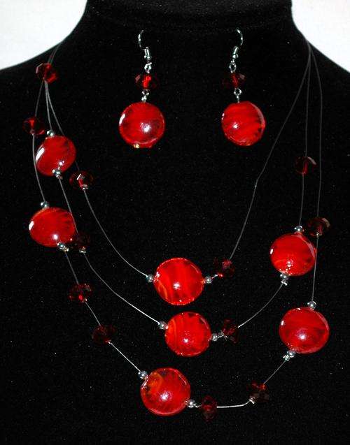 Stunning Red Floating Murano Glass Beads Necklace and Earrings Set