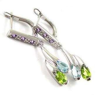 ***STUNNING NATURAL MULTI-GEM DROP EARRINGS IN 925 STERLING SILVER