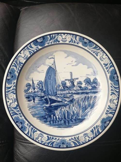 Delfts Blue Distel - Windmill and Sailboat Wall Plate 29cm