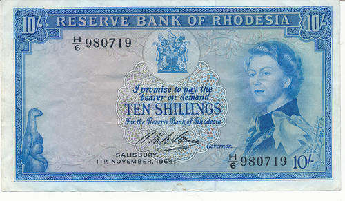 Reserve Bank on Rhodesia 10 Shillings Salisbury 1964