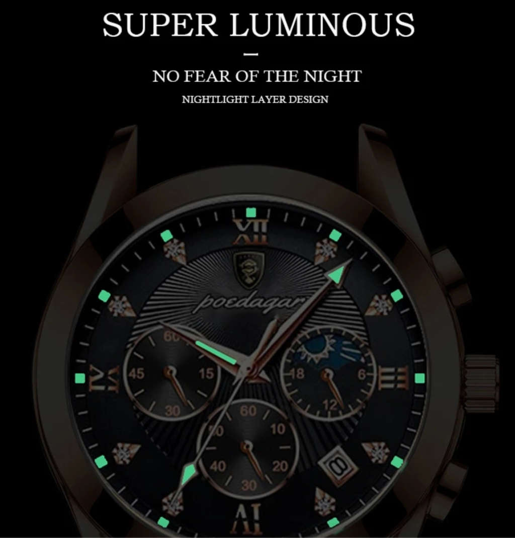 Poedagar - Stainless Steel Luxury Men`s Watch - Black
