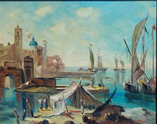 ART SALE  -  VINTAGE HARBOUR SCENE   - CRAZY ART CLEARANCE