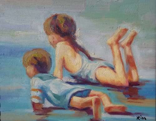 children on beach oil painting framed