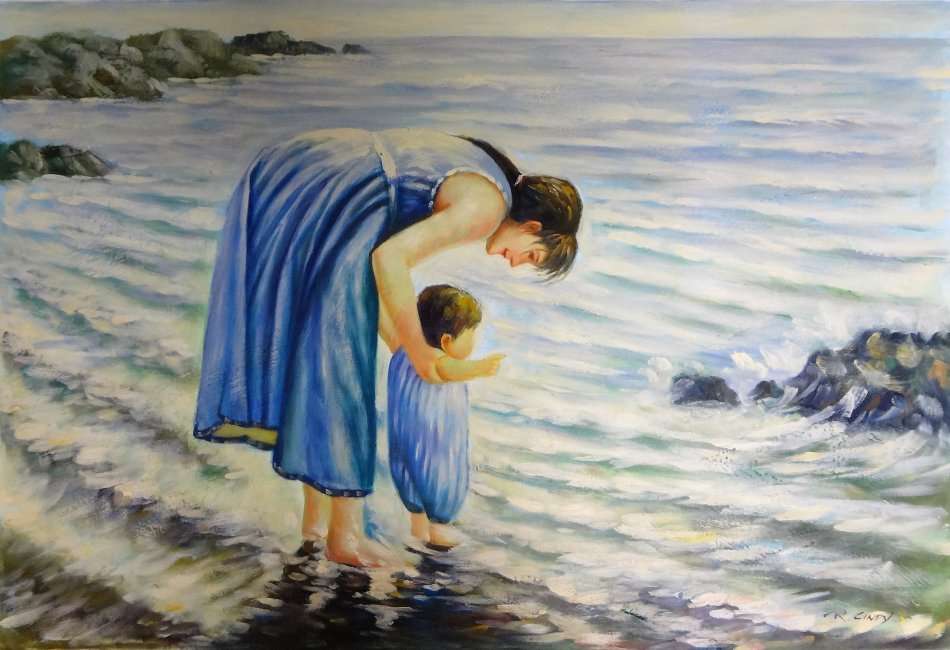 MOTHER & CHILD AT BEACH - !!!!  CRAZY ART SALE  !!!!! - GALLERY RETAIL R7 950