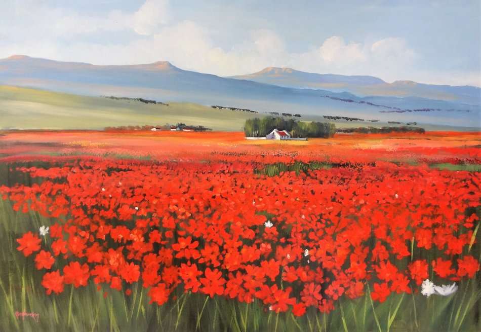 KEN HUNKIN LANDSCAPE WITH POPPY FIELD  - !!!! CRAZY ART SALE !!!!