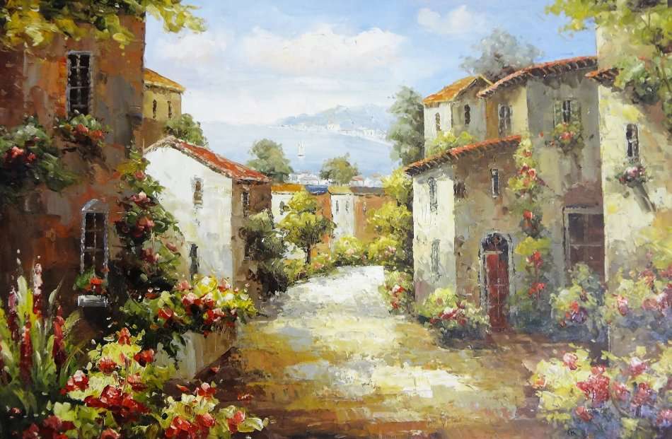 MEDITERRANEAN VILLAGE SCENE  - !!!! CRAZY ART SALE !!!!