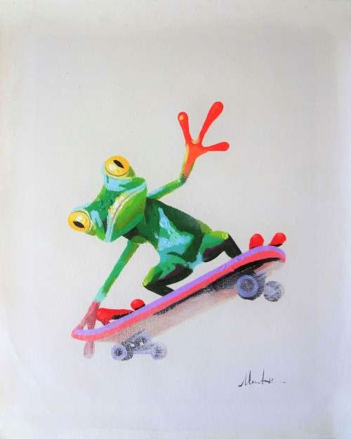 set of three - frog on skateboard oil painting