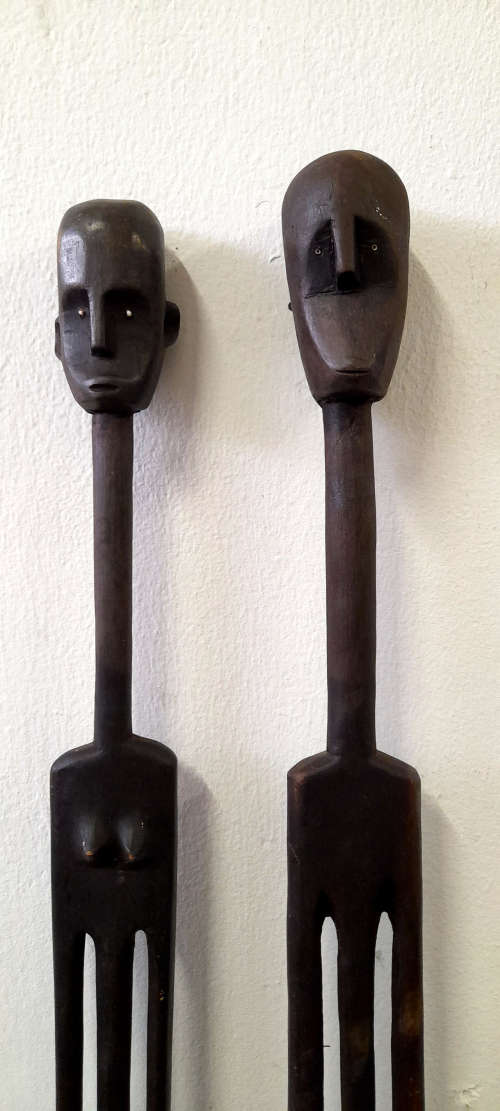 pair male and female wood stick figures - tanzania