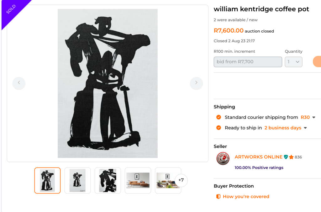 William Kentridge coffee pot screenprint on raw cotton