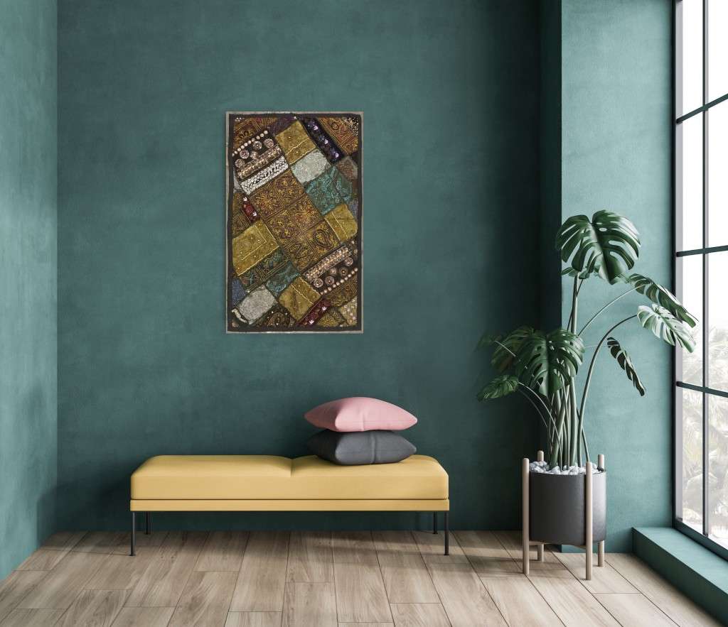 vintage indian hand embroidered & beaded wall hanging / throw