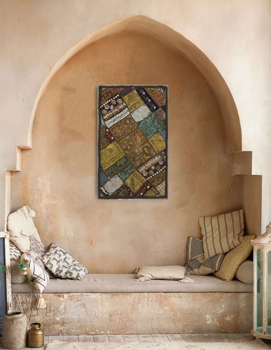 vintage indian hand embroidered & beaded wall hanging / throw