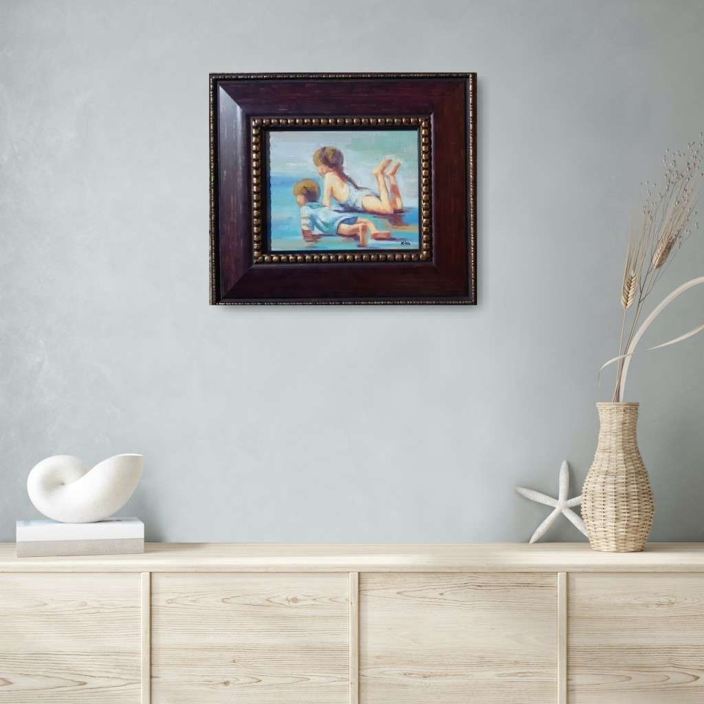 children on beach oil painting framed