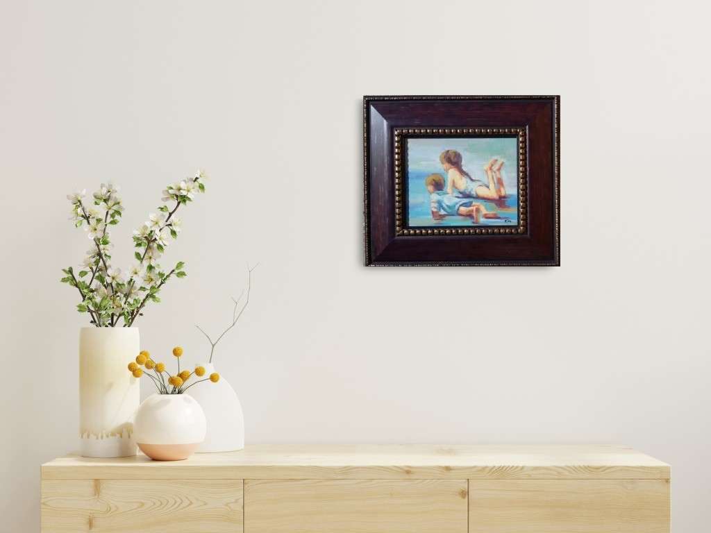 children on beach oil painting framed