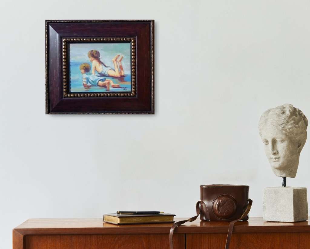 children on beach oil painting framed