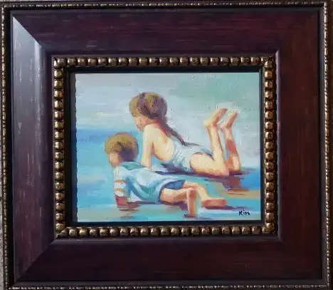 children on beach oil painting framed