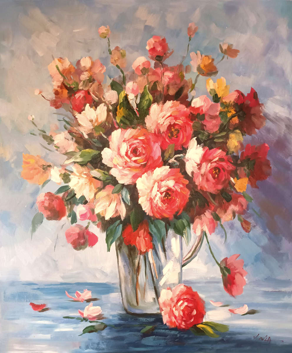 floral oil painting mixed flowers in vase