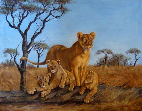 NOVEMBER SPECIAL ----------------  DOLPH PECHE "LIONESS & CUBS" OIL PAINTING  !!!! R15 000-00 !!!!
