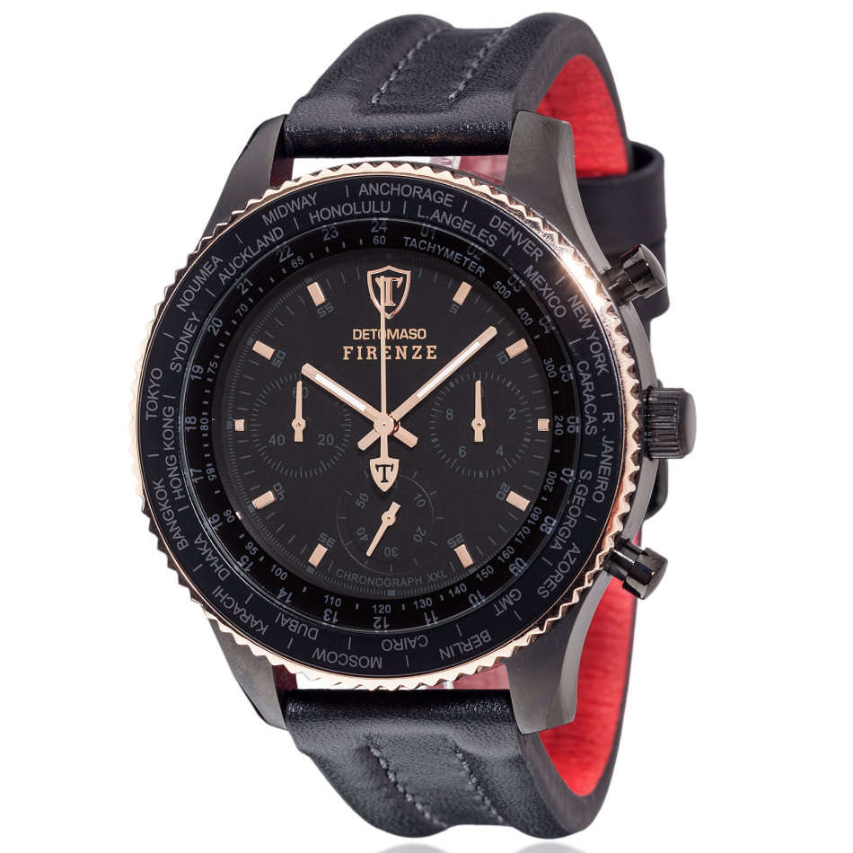 NEW MEN I DETOMASO Firenze XXL Watch Chronograph Black Rosegold Stainless Steel Watch