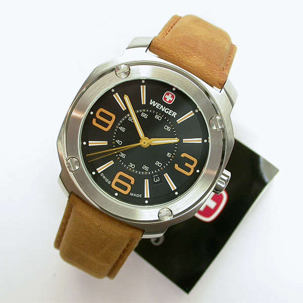 NEW $1650 GENTS WENGER GENTS WENGER 43MM TAN & BLACK DIAL SS 100M  ESCORT WATCH
