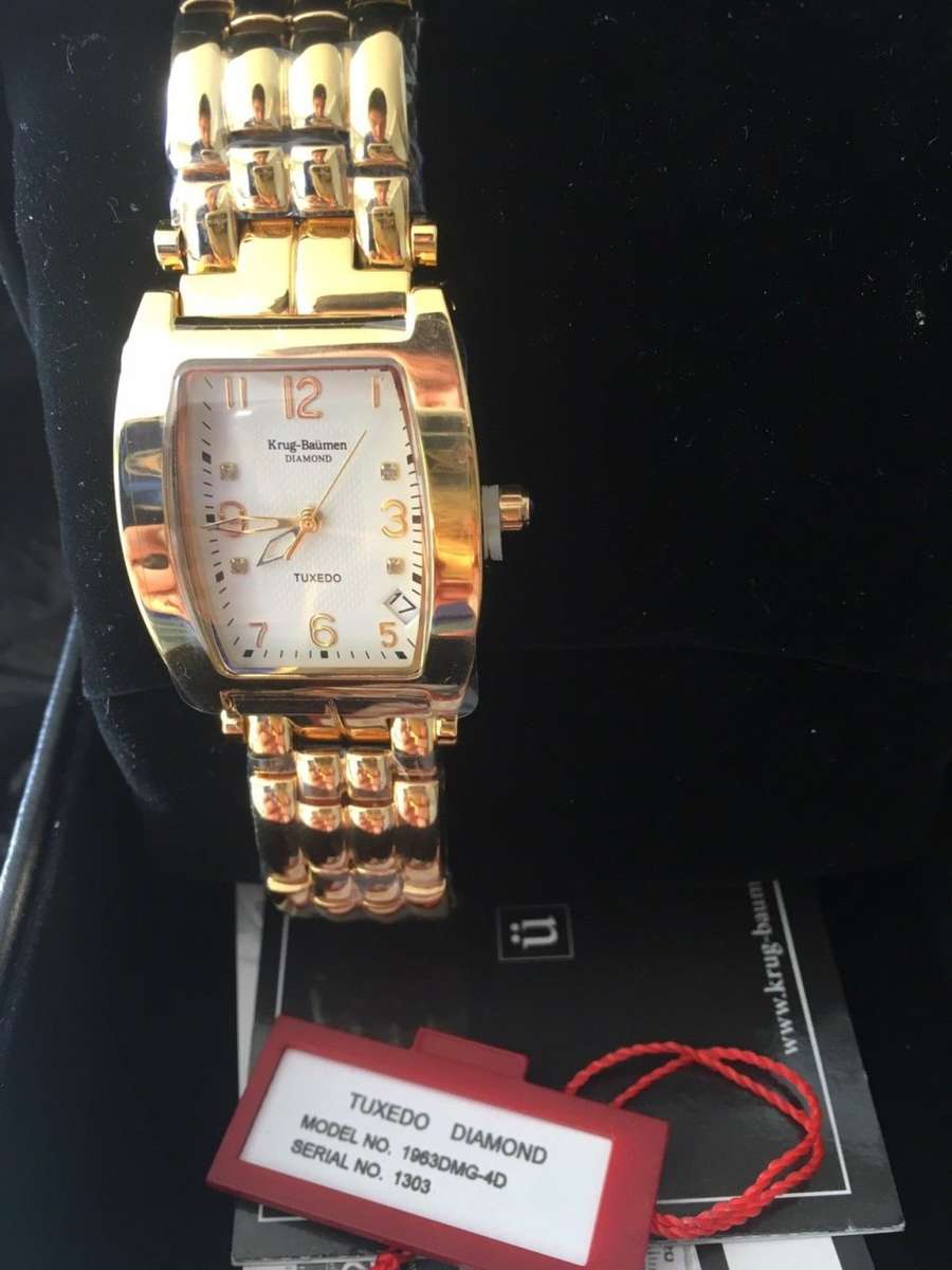 NEW RRP £585 Krug Baumen Gents Tuxedo Gold 4 Diamond White Dial Gold Watch