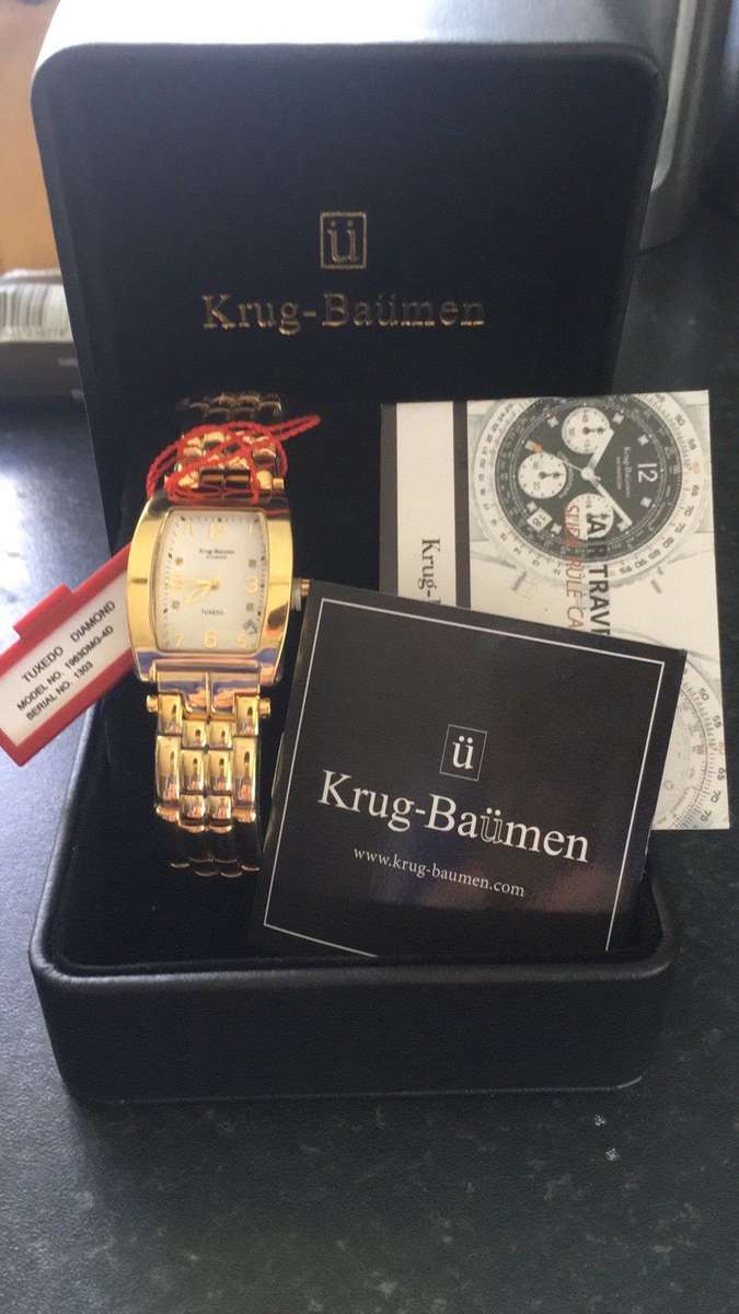 NEW RRP £585 Krug Baumen Gents Tuxedo Gold 4 Diamond White Dial Gold Watch