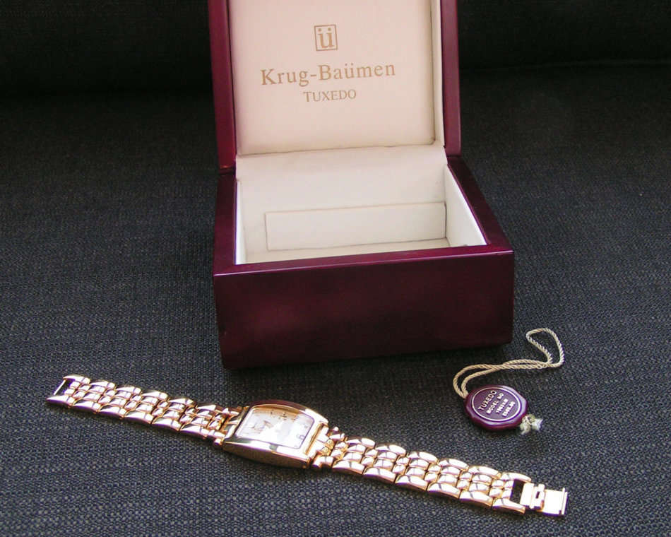 NEW RRP £585 Krug Baumen Gents Tuxedo Gold 4 Diamond White Dial Gold Watch