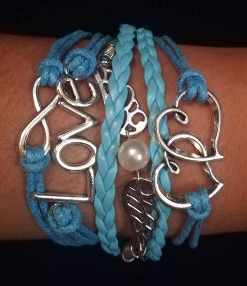 Love , Infinity , Angel wings faux leather multilayer charm bracelet