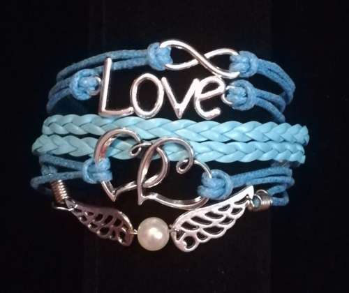 Love , Infinity , Angel wings faux leather multilayer charm bracelet