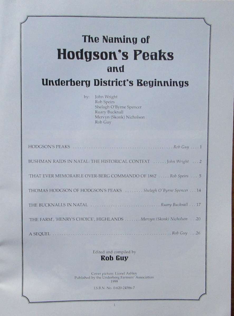 The Naming of Hodgson`s Peaks and Underberg District`s Beginnings