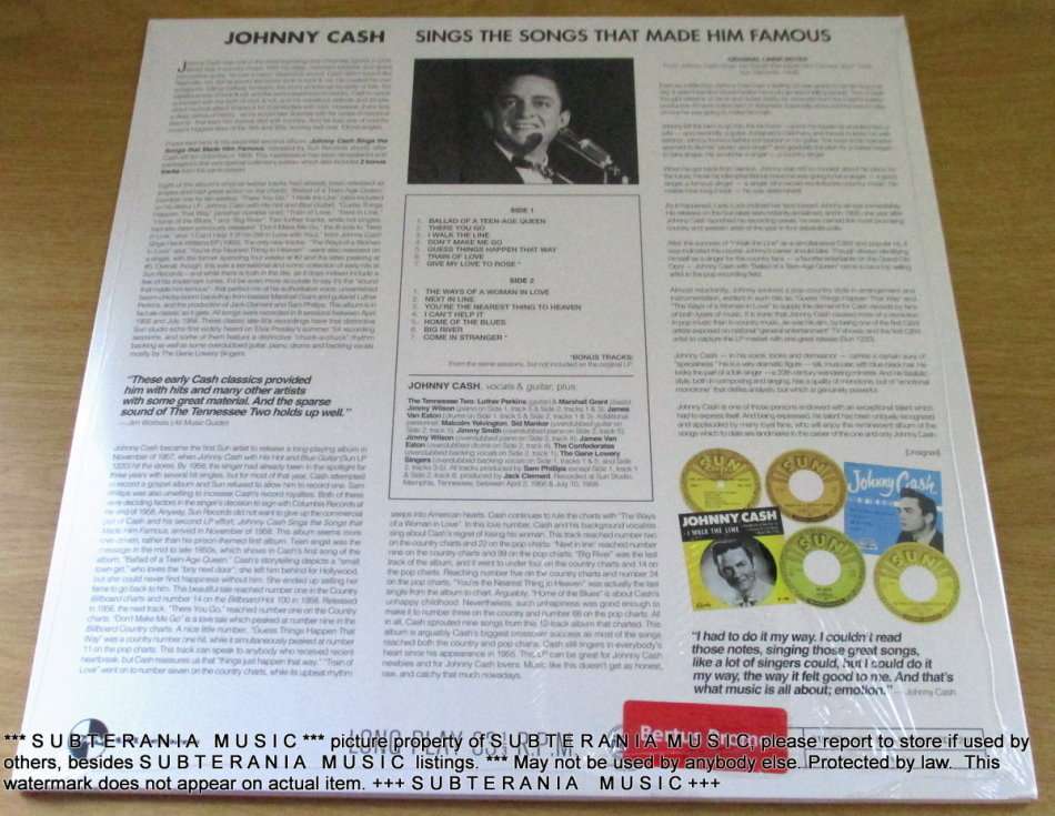 JOHNNY CASH  Sings The Songs That Made Him Famous+ 2 Bonus Tracks Ltd Edition VINYL RECORD