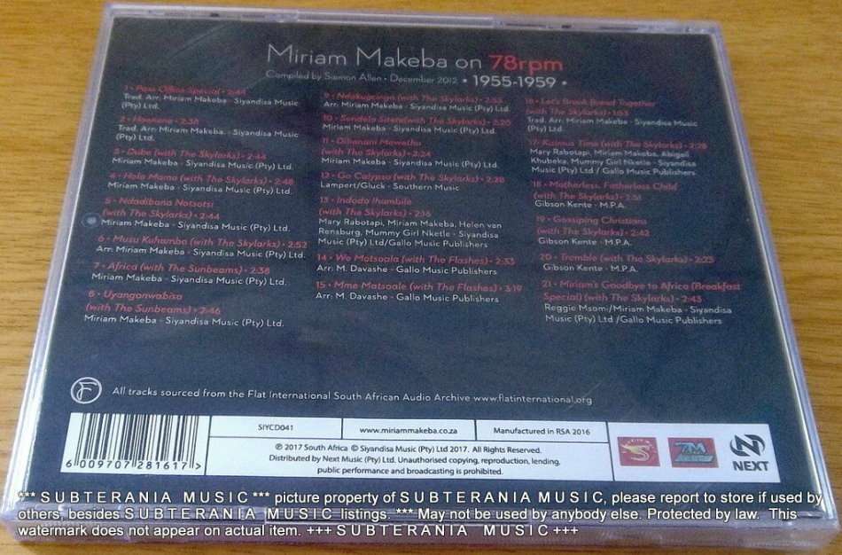 MIRIAM MAKEBA On 78 rpm 1955  1959 SOUTH AFRICA Cat# SIYCD041