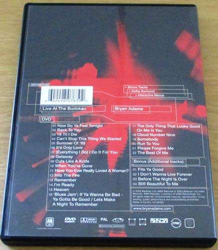 BRYAN ADAMS LIve at the Budokan Japan 2000 DVD  [OFFICE DVD SHELF]