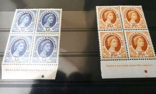 1954 RHODESIA AND NYASALAND 1D AND 2 1/2 D QE 2 MINT IMPRINT BLOCKS OF 4