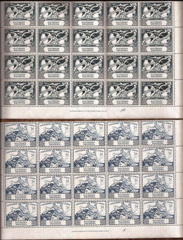 SOUTHERN RHODESIA 1949 UPU SET - COMPLETE BOTTOM 4 ROWS - INCLUDING IMPRINT AND PLATE BLOCK