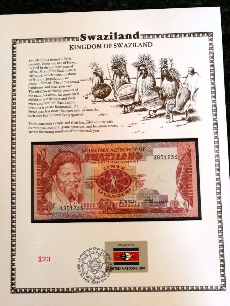 UNUSUAL & INTERESTING SWAZILAND ITEM - 1980'S - UNC 1 LILANGENI BANK NOTE ON CARD TIED TO UN STAMP