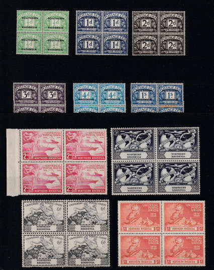 Southern and Northern Rhosedia 2 great lots on blocks of 4 MNH 1949/51 Postage Dues & UPU