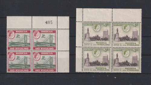 1959 Rhodesia and Nyasaland 2 and 5 shilling control blocks of 4 MNH