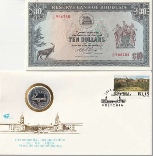 1975 bank of Rhodesia 10 Dollar note - UNC plus 1994 Inauguration FCD with sealed R 5