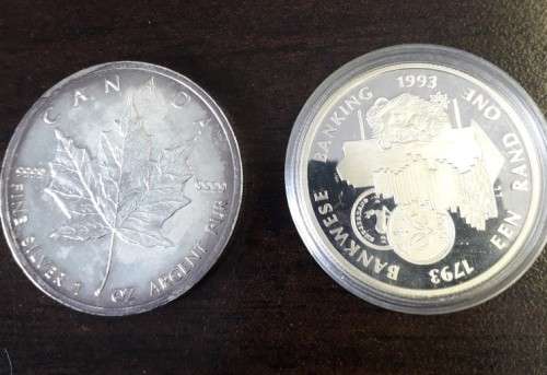 2 Silver coins - SA Protea banking and Candian 5 Dollar
