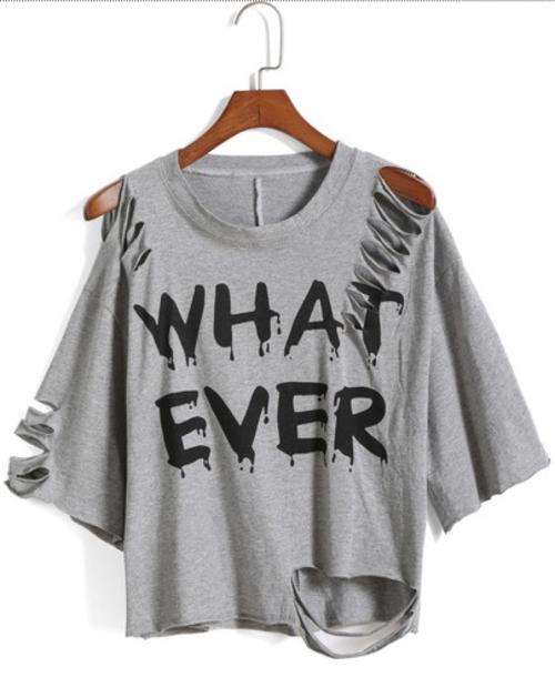 IMPORTED Grey round neck crop top ripped what ever print t-shirt