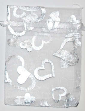 White with silver hearts organza bags 90mm x 65mm (10pcs)