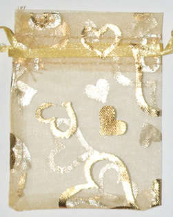 Gold with hearts organza bags 90mm x 65mm (10pcs)